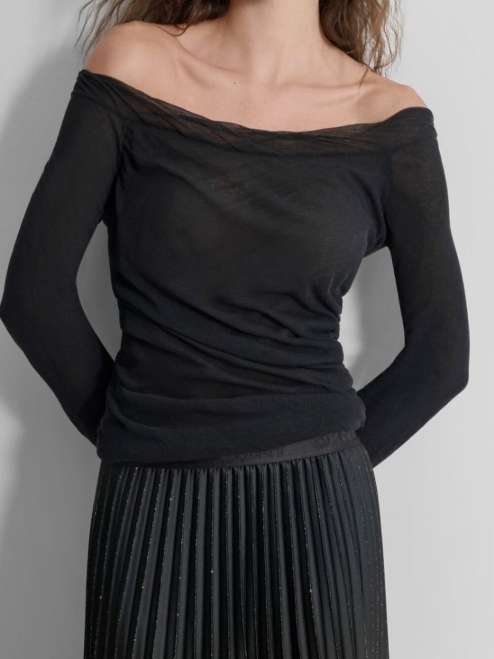DKNY Women Black Off-The-Shoulder Long-Sleeve Wrap-Hem Top Size M